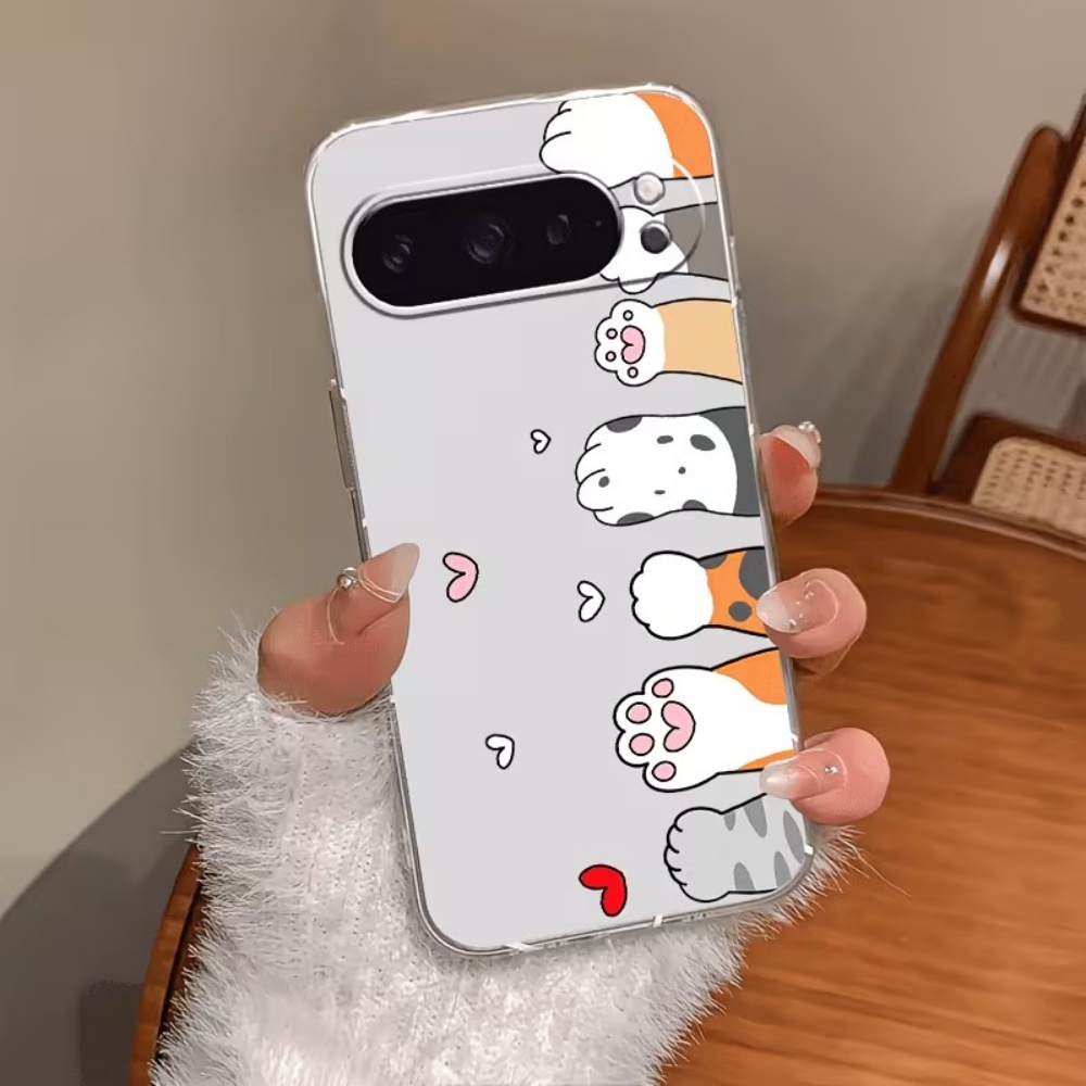 Google Pixel 9 Pro - Karikatür Kedi Pati Baskılı Kristal Şeffaf